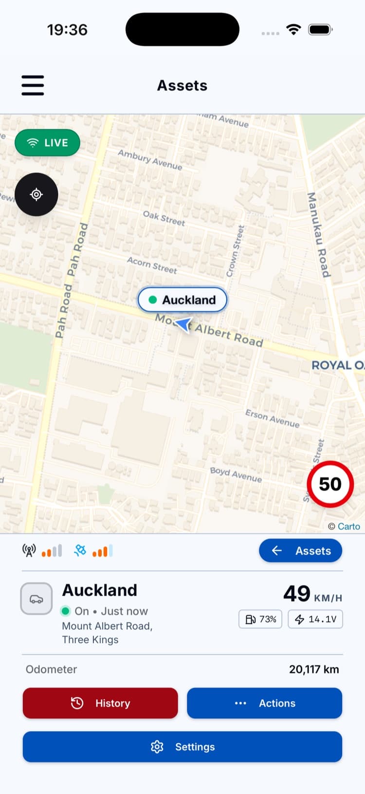 Vehicle detail view with live map and trip info