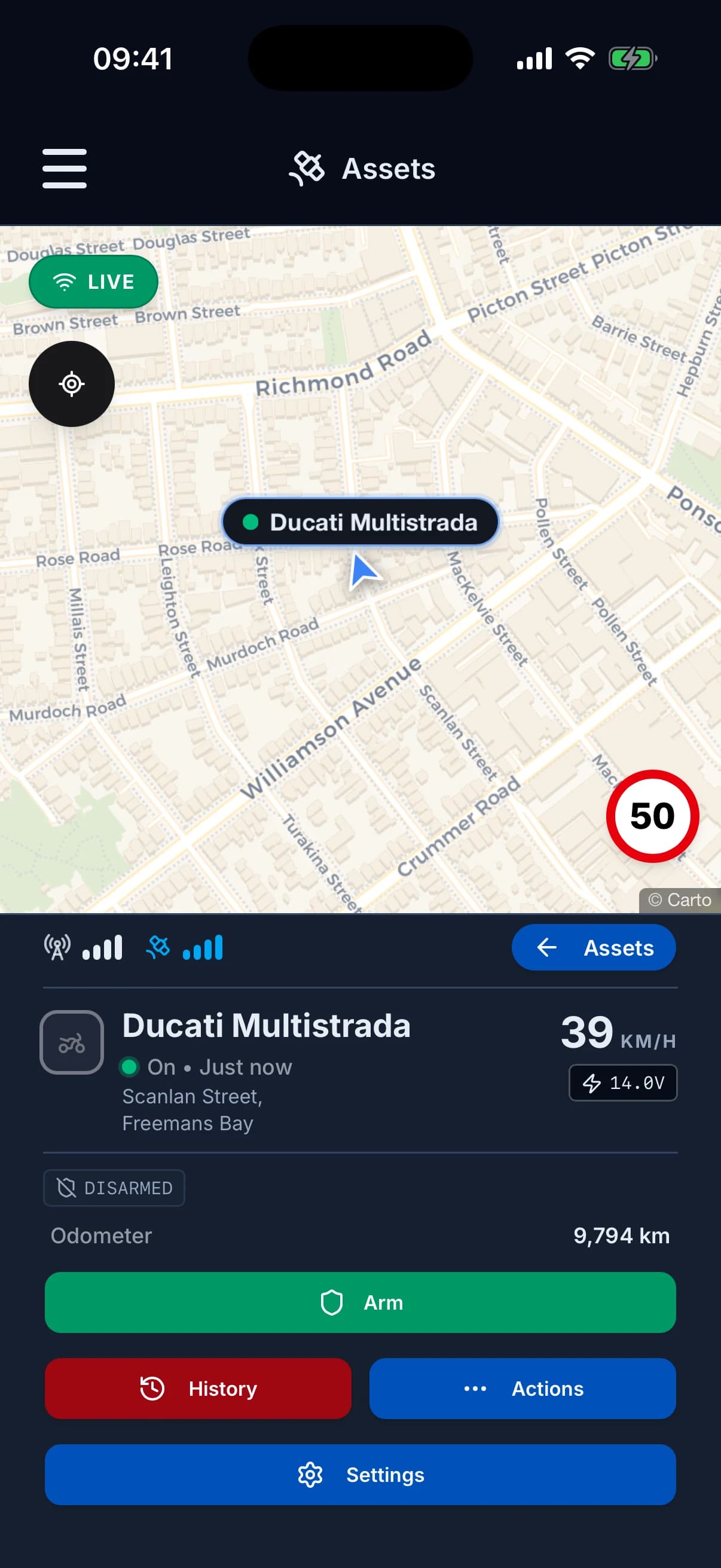 A motorbike tracked live on the Spectre GPS app