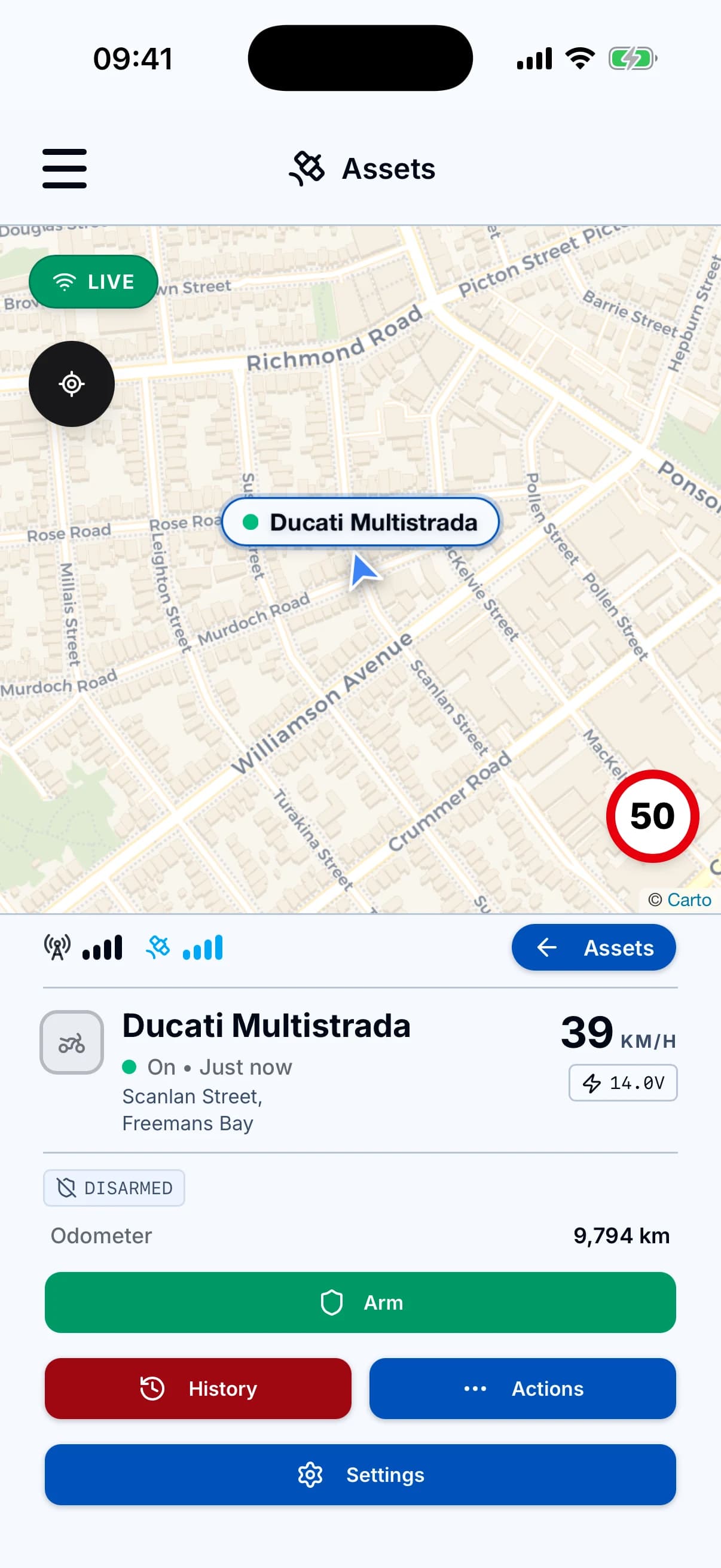 A motorbike tracked live on the Spectre GPS app
