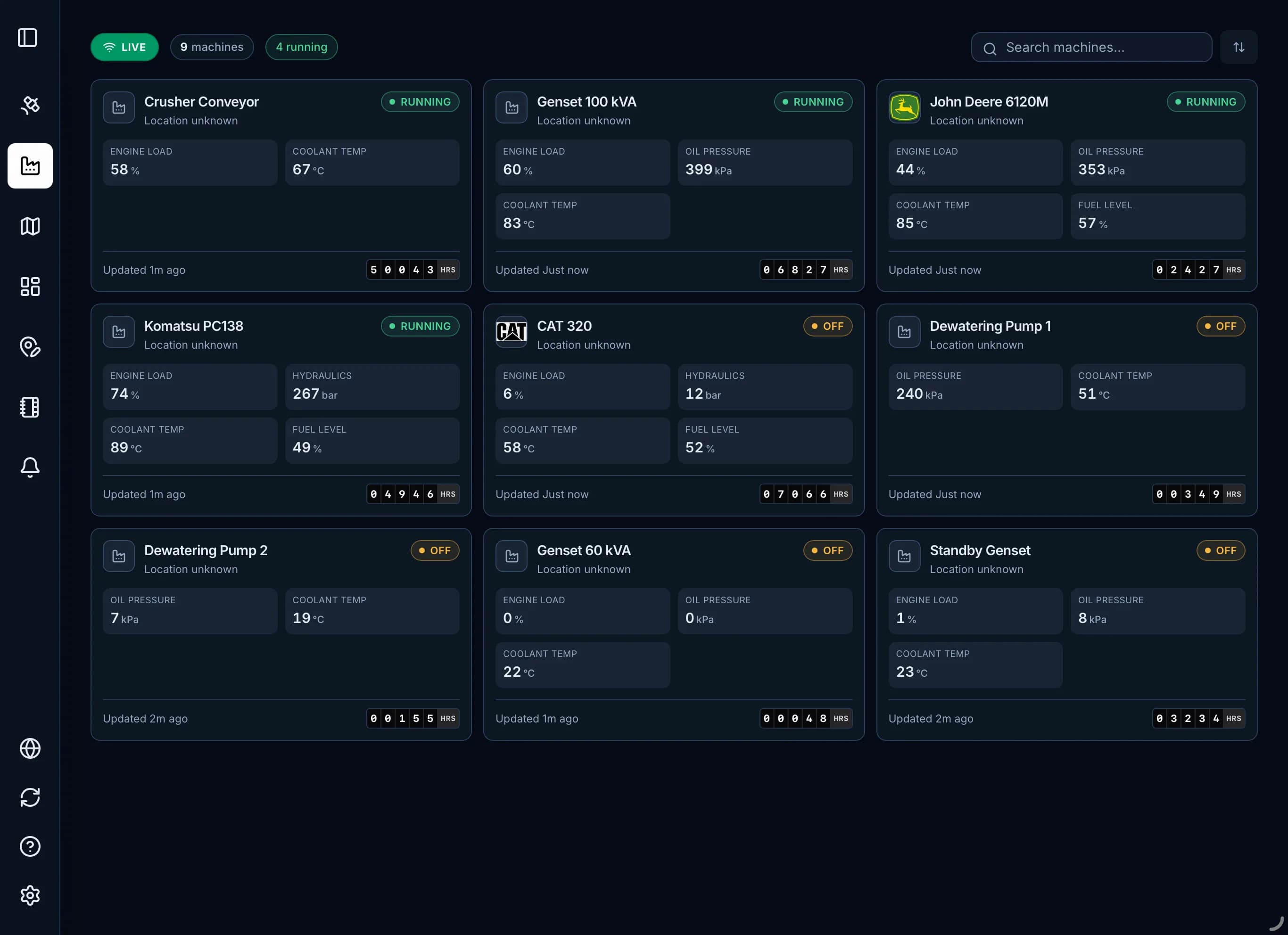 Spectre dashboard showing live machinery status, run hours, and sensor data