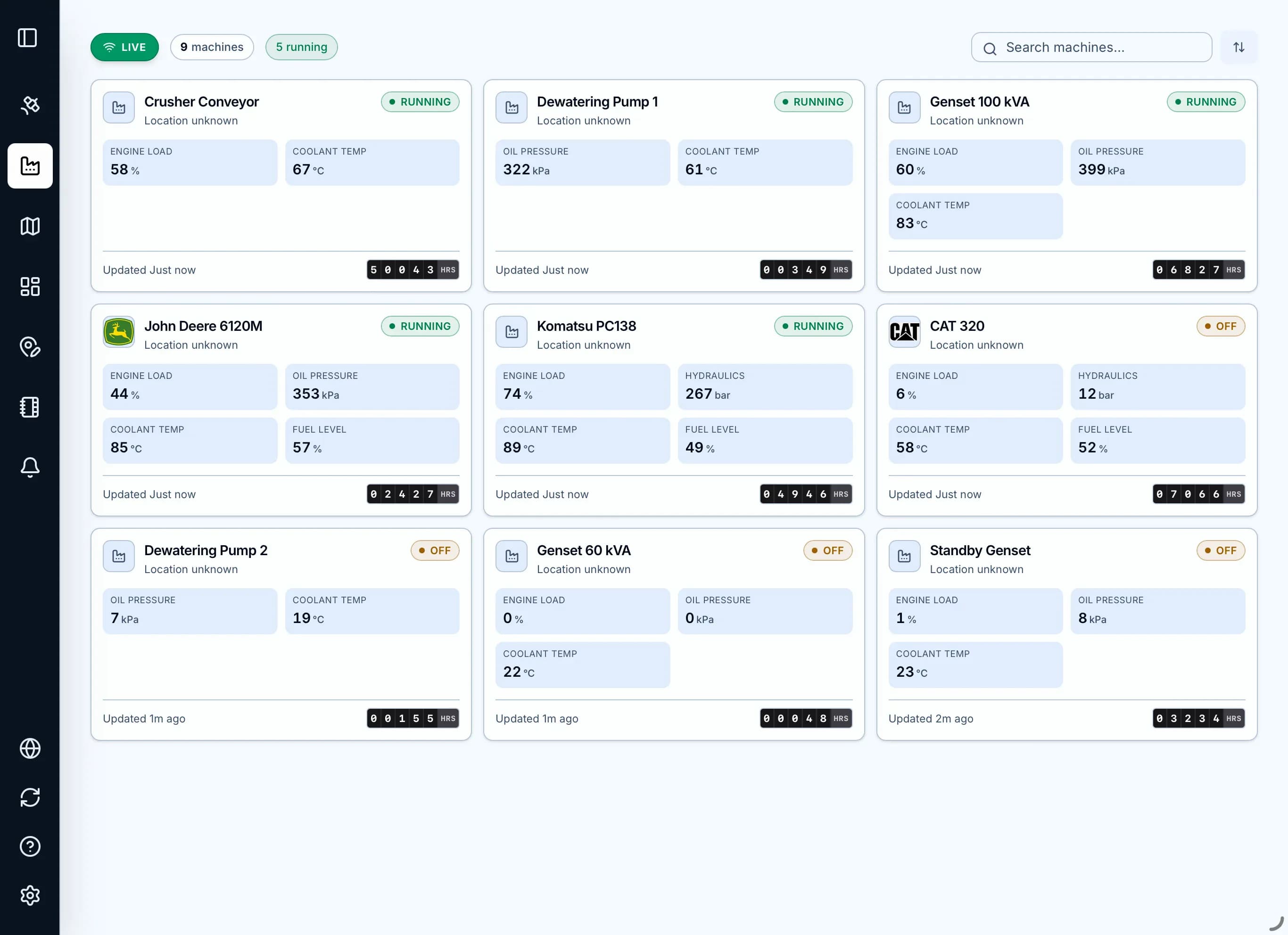 Spectre dashboard showing live machinery status, run hours, and sensor data
