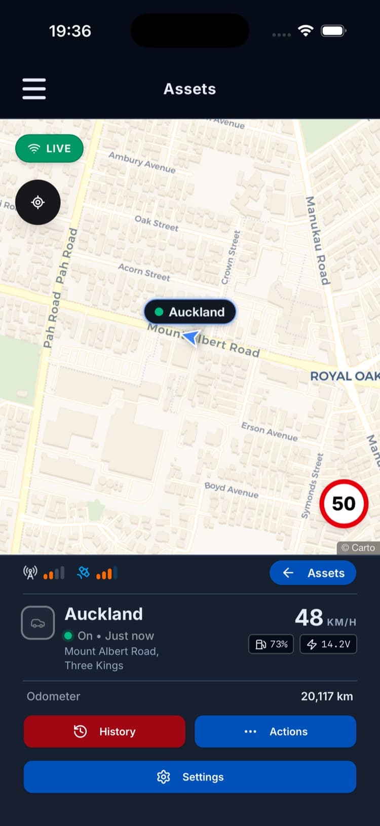 Vehicle detail view with live map and trip info
